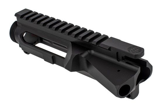 The CMT left handed stripped AR-15 upper receiver features engraved t-markings